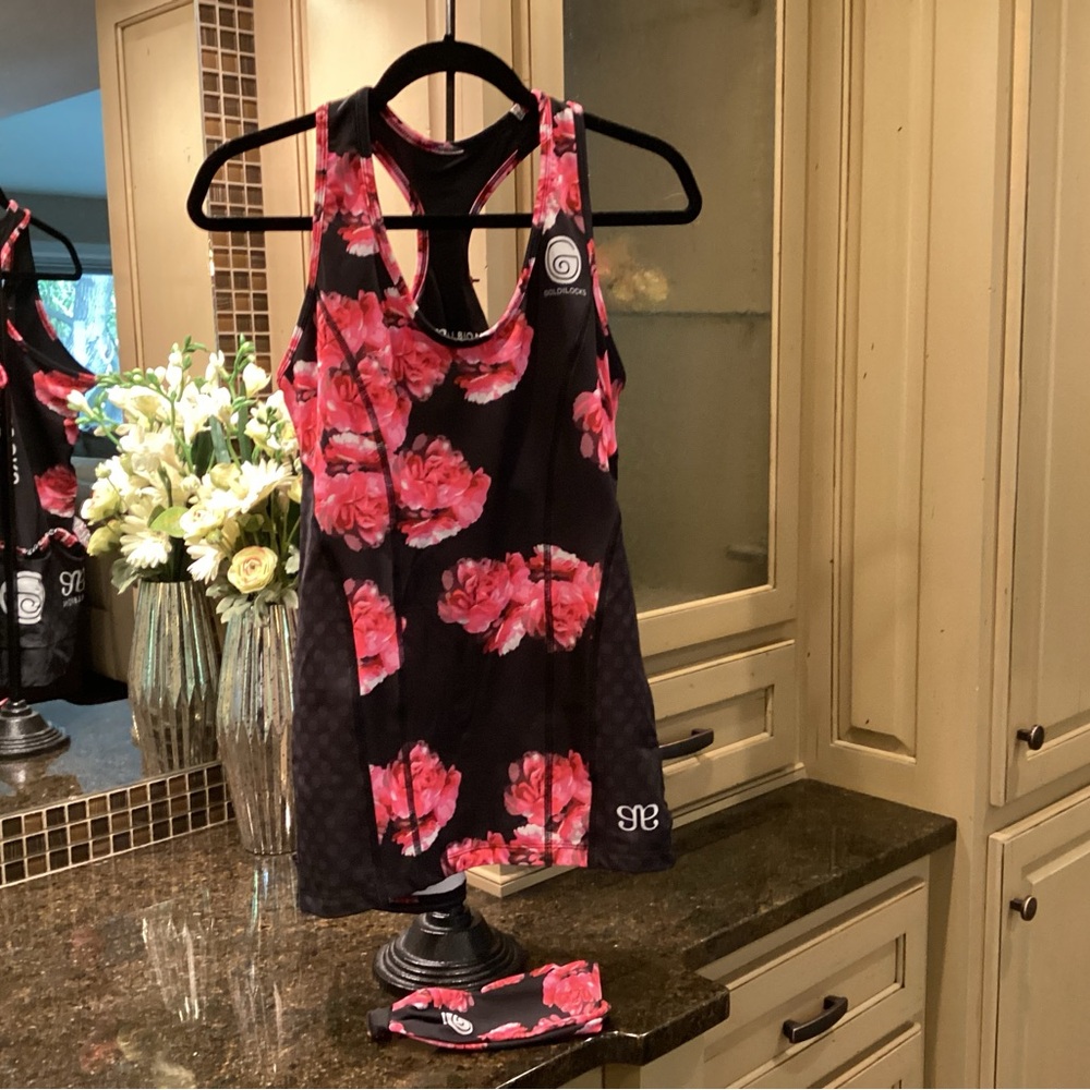 Albion Black and Pink Floral Cycling Tank Top & Matching Headband